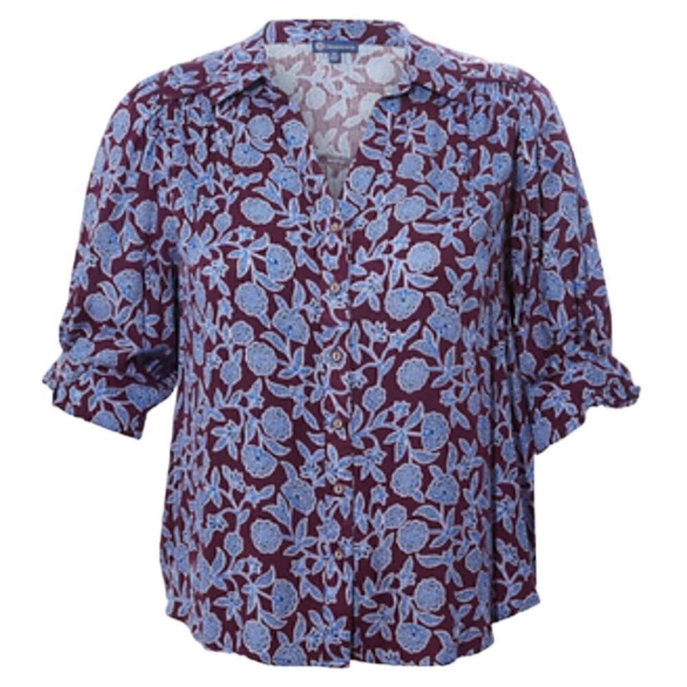 EC DEMOCRACY BOHO BELOW ELBOW SINCHED SLEEVE BUTTON DOWN WOVEN TOP SZ.S